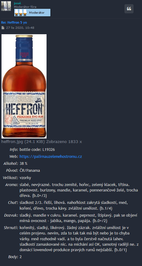 Hodnocení rumu Heffron 5y na internetovém fóru whisky.nethar.cz