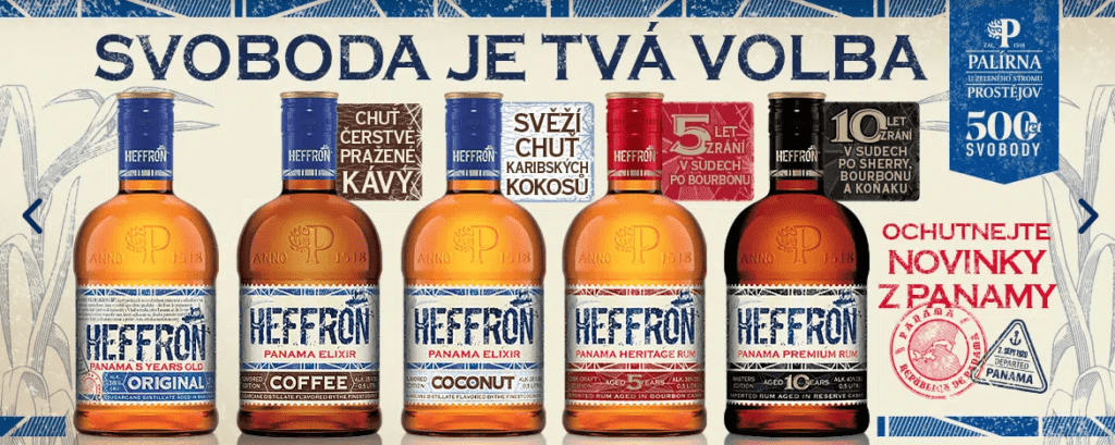Kompletní rumové portfolio značky Heffron (Original 5yo, Heritage Rum 5yo, Premium Rum 10yo, Coconut, Coffee
