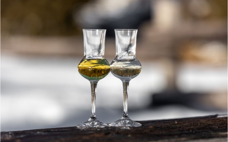 Různé druhy grappy ve skleničkách na destiláty