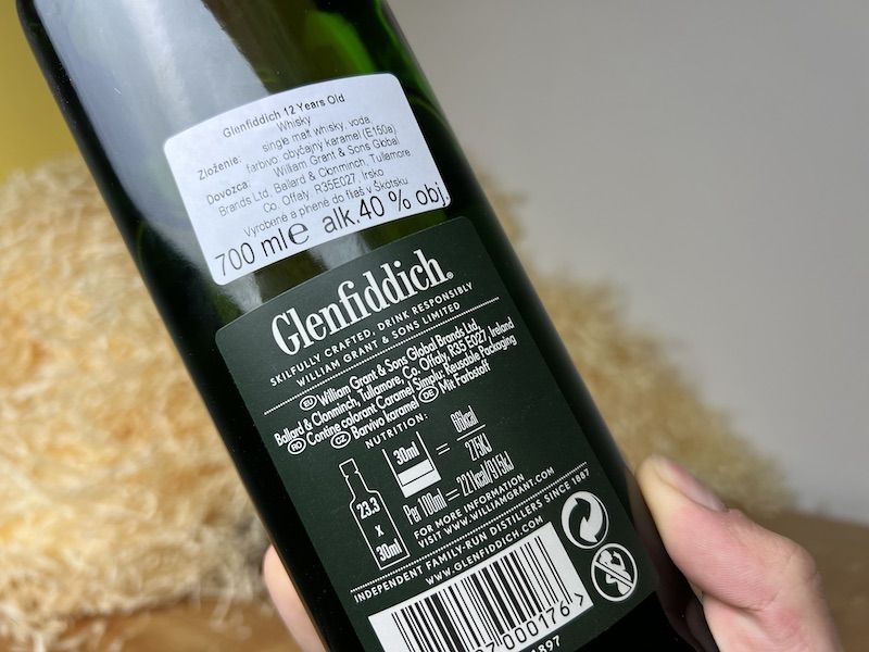 whisky Glenfiddich 12y zadní strana láhve