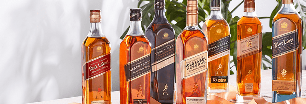 Whisky značky Johnnie Walker – Blue Label, Gold Label, Red Label, Green Label. Black Label