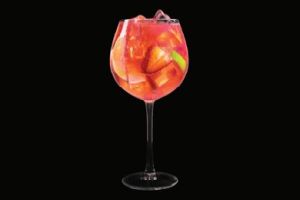 Pink gin spritz ve vyšší skleněné sklenici na víno