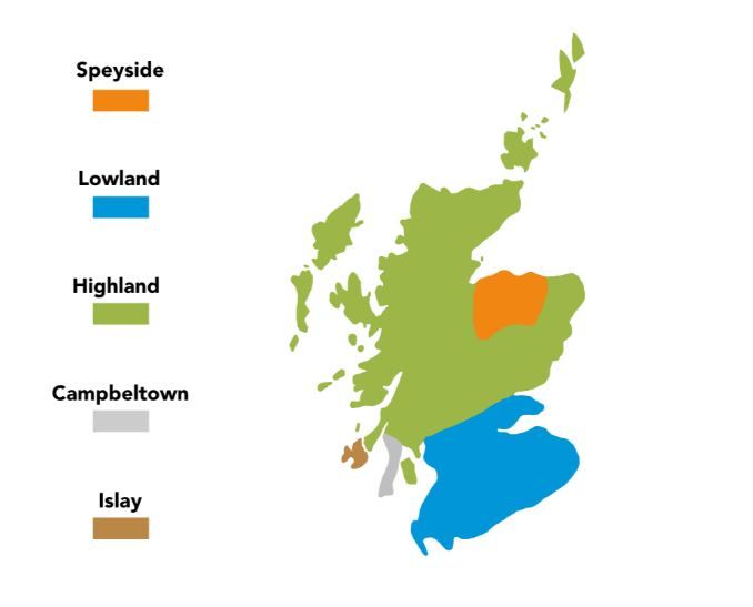 Regiony skotské whisky - mapa s barevně odlišenými oblastmi