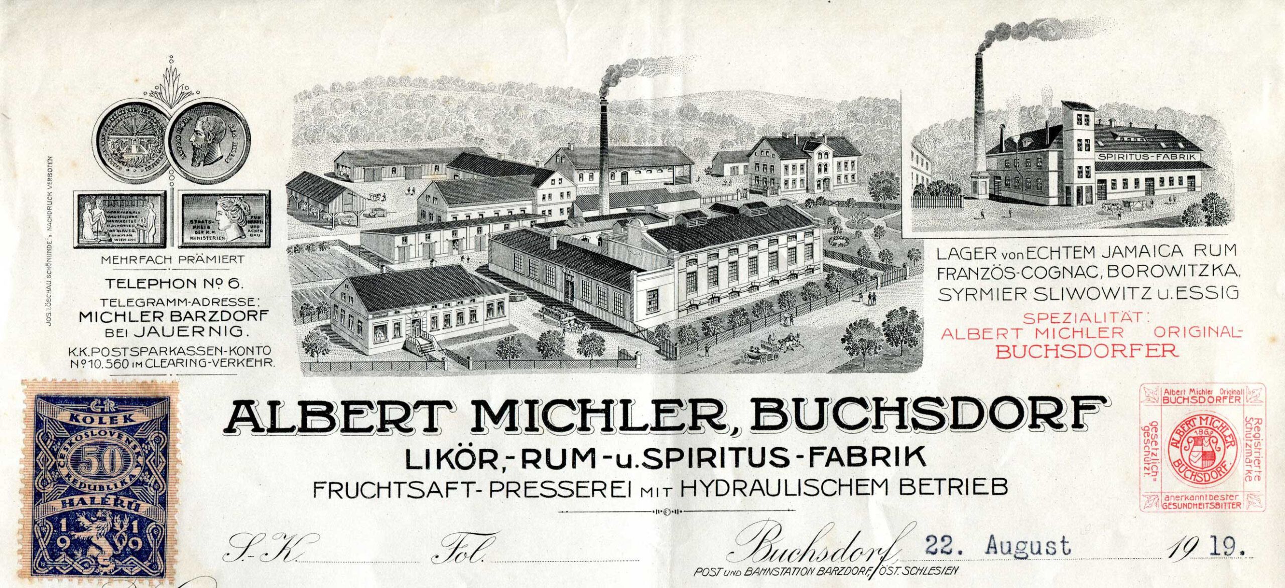 Albert Michler, Buchsdorf - Likör, rum, spiritus fabrik, záhlaví faktury z roku 1919