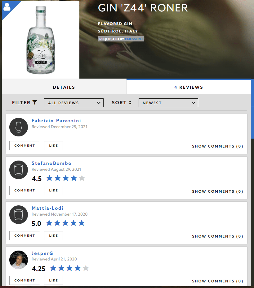 Z44 Alpine Herb Dry Gin - zkušenosti, hodnocení uživatelů (distiller.com)