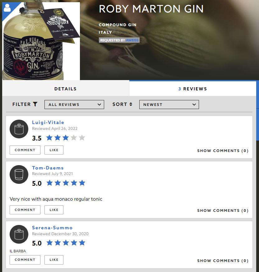 Roby Marton Original Gin - hodnocení z webu distiller.com