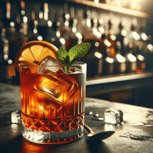 Originální chorvatský koktejl s rakií - ve sklenici na barovém pultu